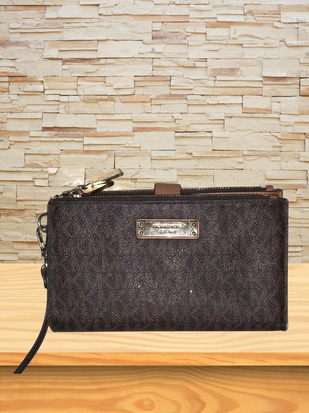Michael Kors Signature Double Zip Wristlet Wallet Brown MK Monogram Leather